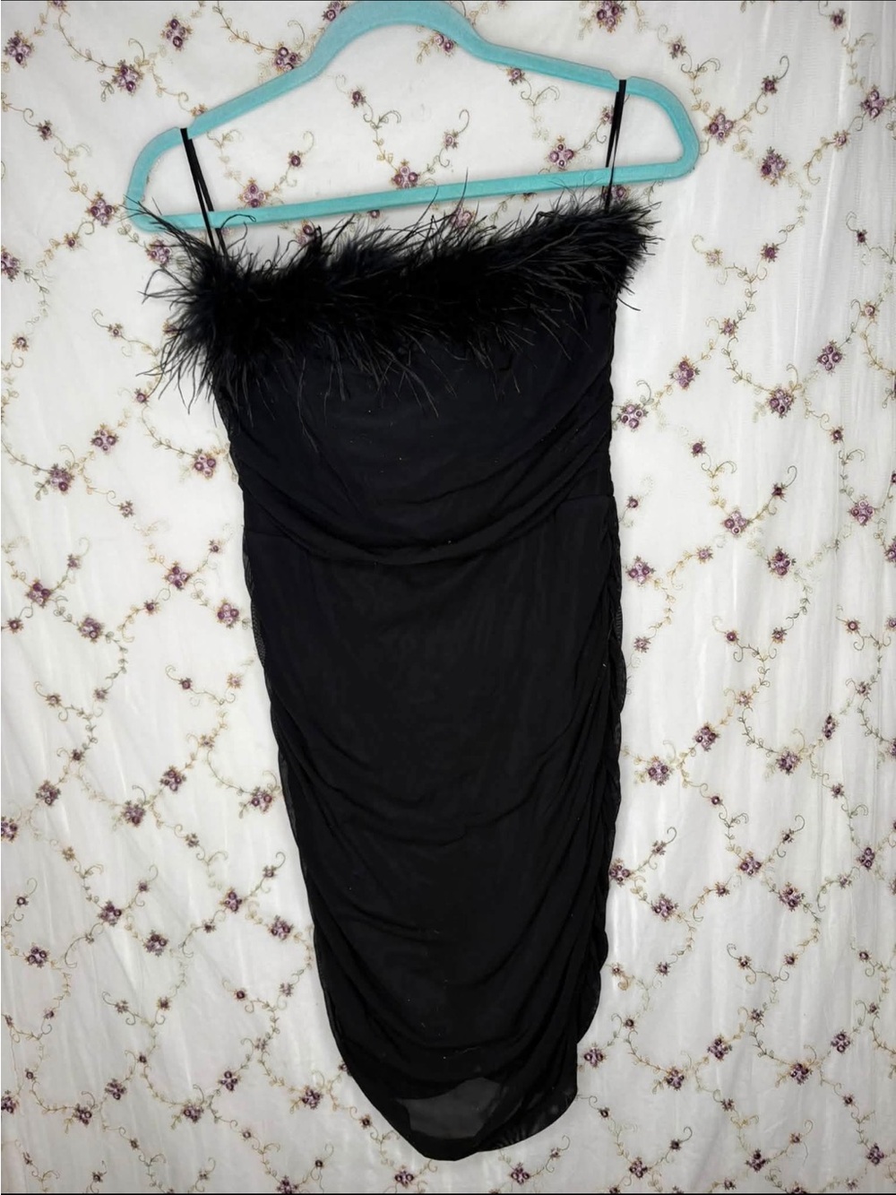 Black Strapless Feather Trim Cocktail Dress